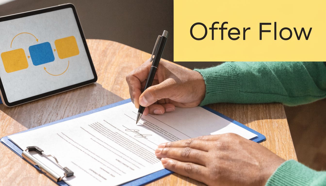 A person in a green sweater signing a contract on a clipboard next to a tablet screen.