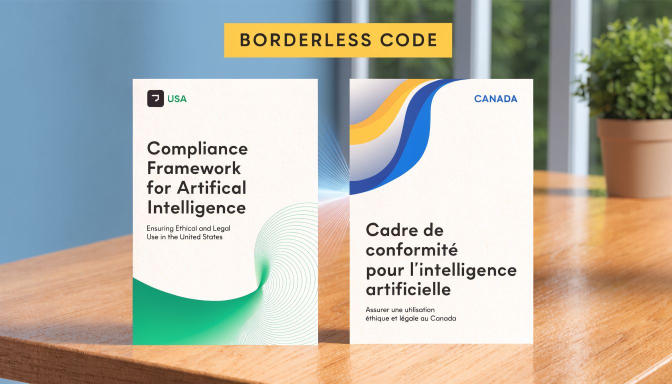 Two professional booklets titled Compliance Framework for Artificial Intelligence standing side by side on a wooden desk.