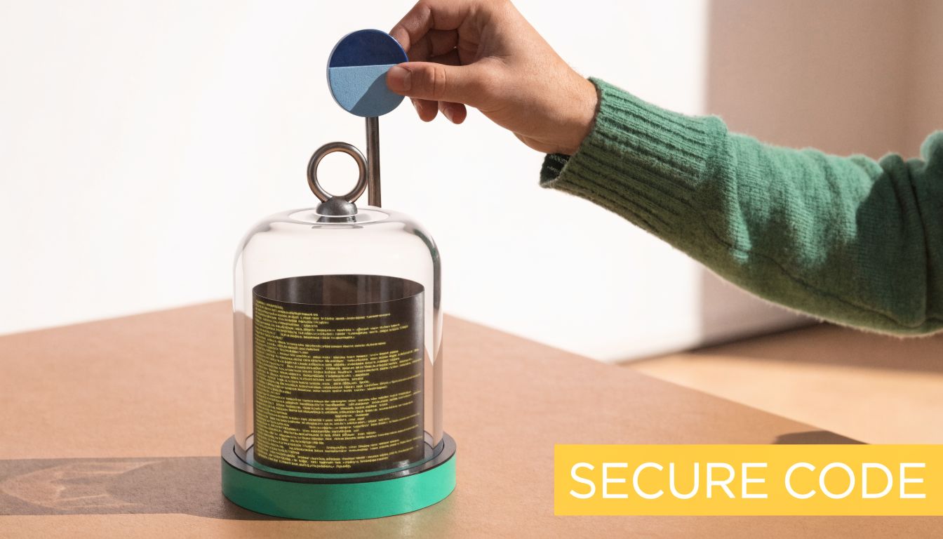 A hand placing a blue disk on a glass dome containing a document about secure software code.