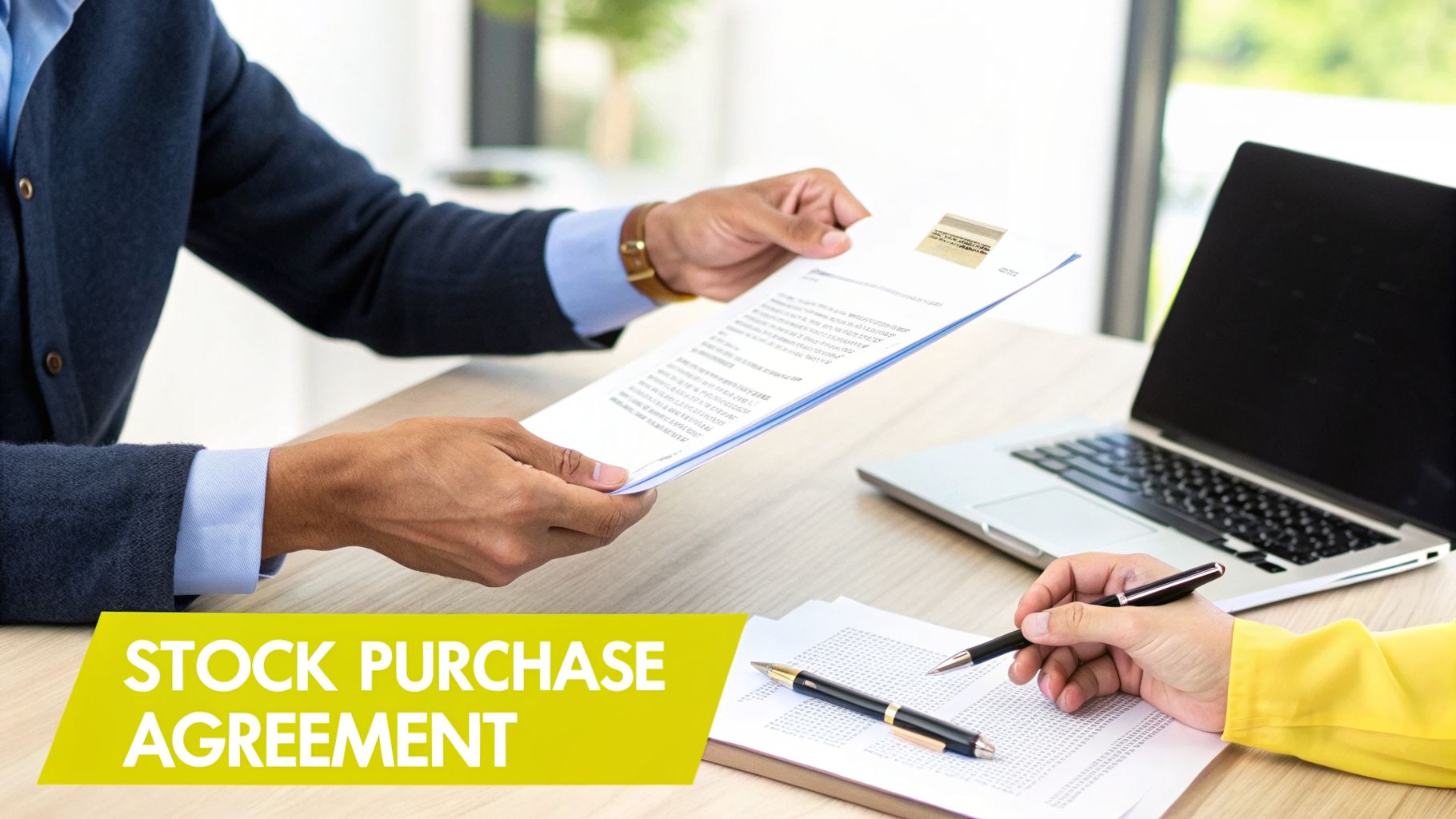 Two business professionals review a stock purchase agreement document and sign papers at an office desk.
