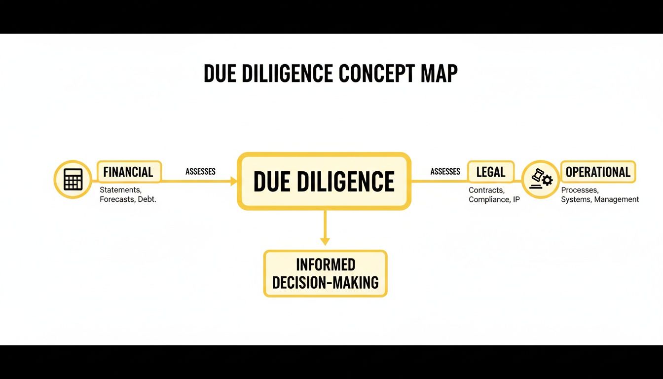 A concept map illustrating Due Diligence, showing its financial, legal, and operational aspects, leading to informed decision-making.