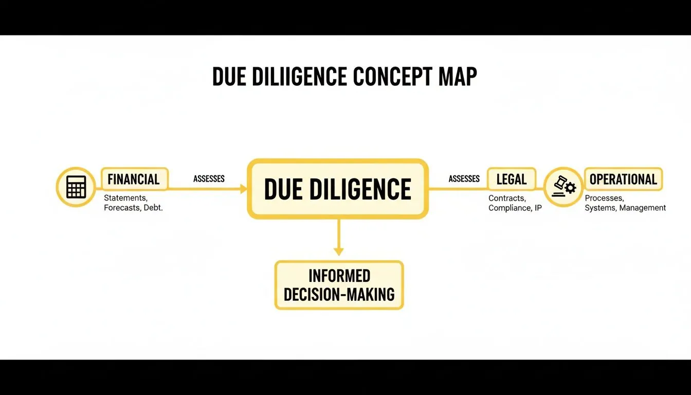 A concept map illustrating Due Diligence, showing its financial, legal, and operational aspects, leading to informed decision-making.