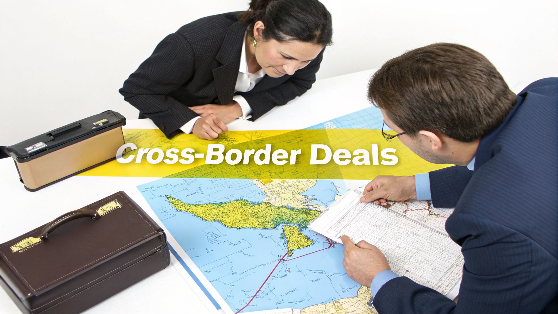 Two business professionals review a map and documents on a table for cross-border deals.