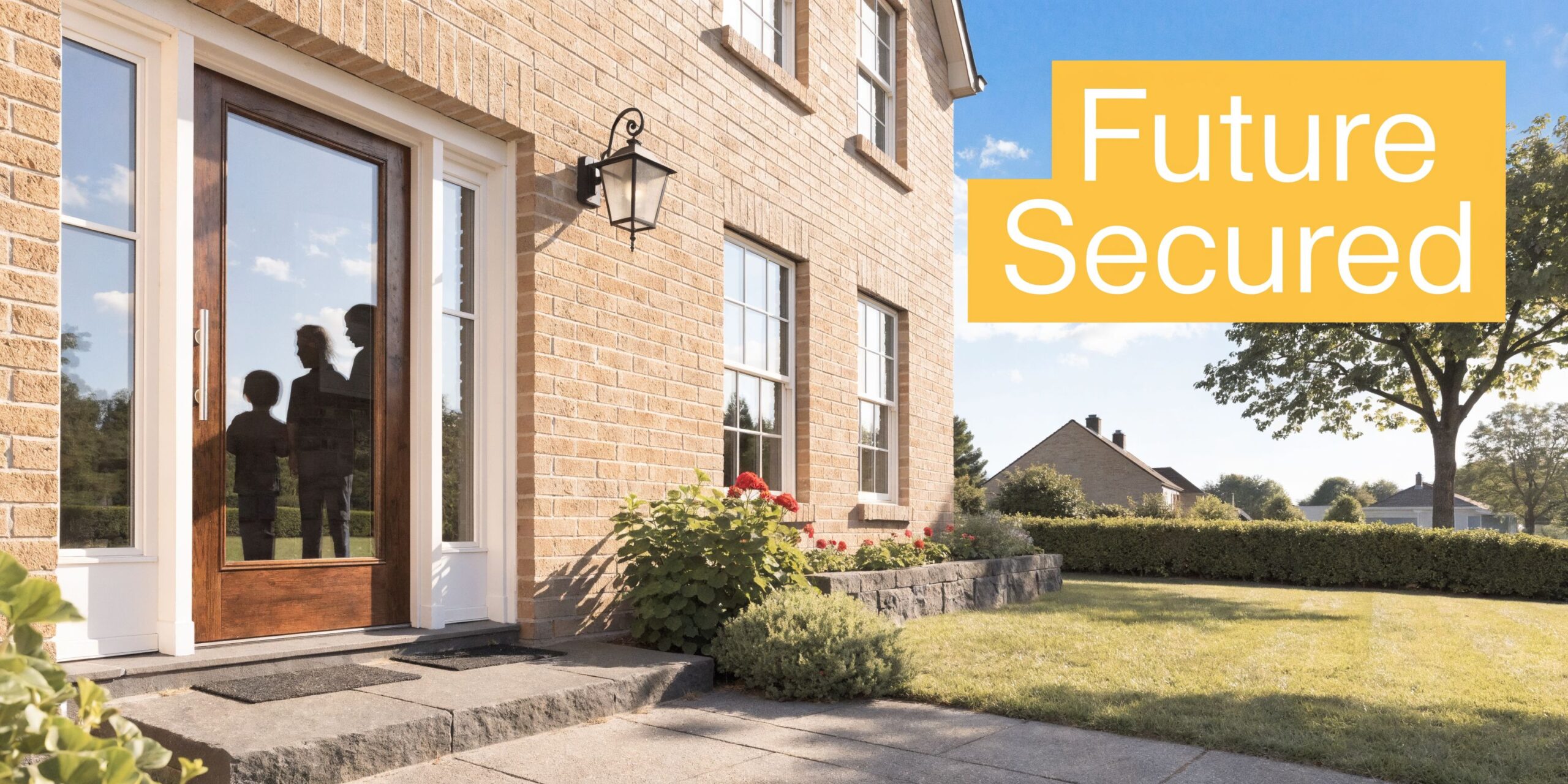 A family reflected in the glass front door of a modern brick house with a green lawn.