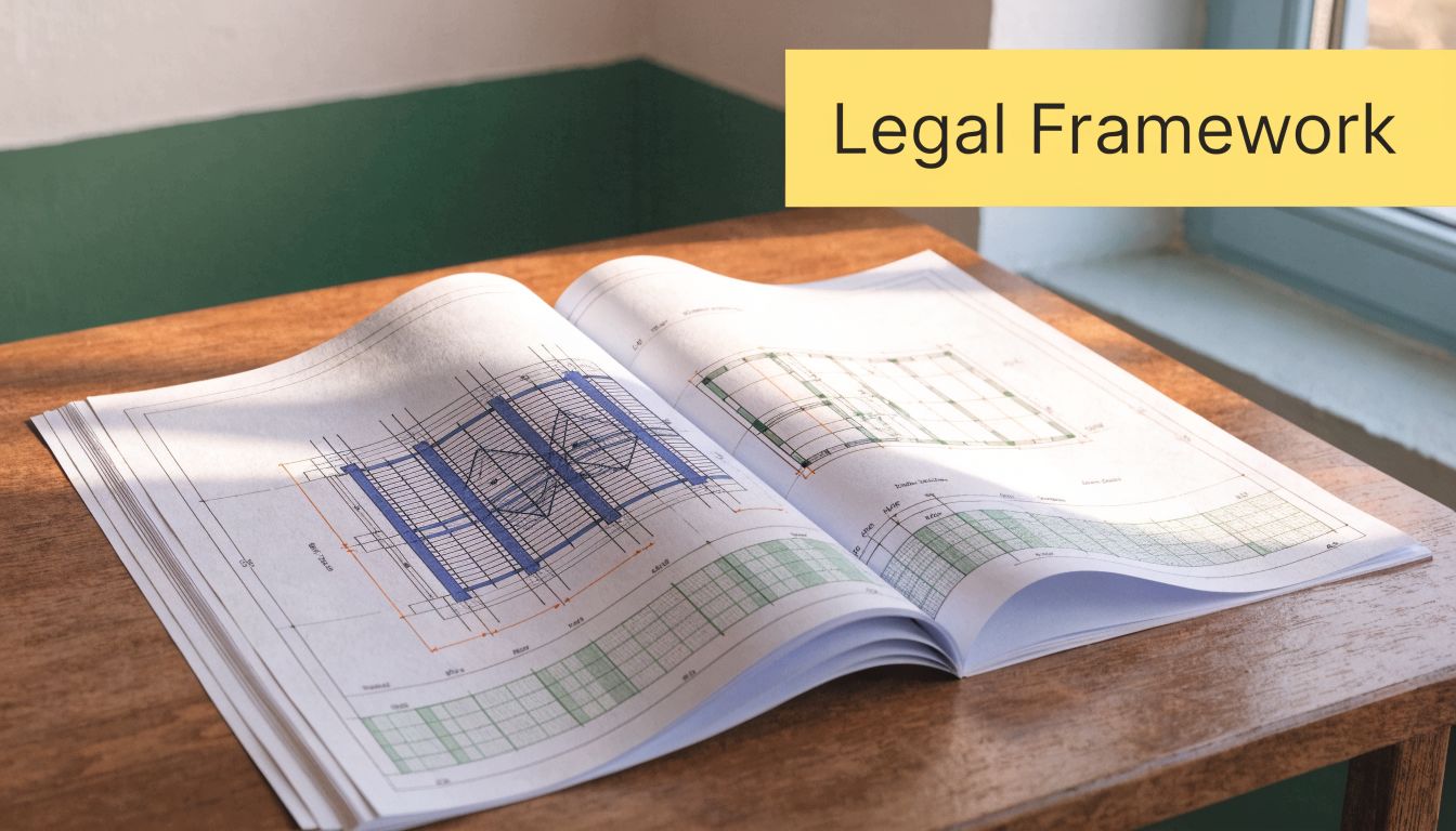Open architectural blueprints on a wooden table with the words Legal Framework above.