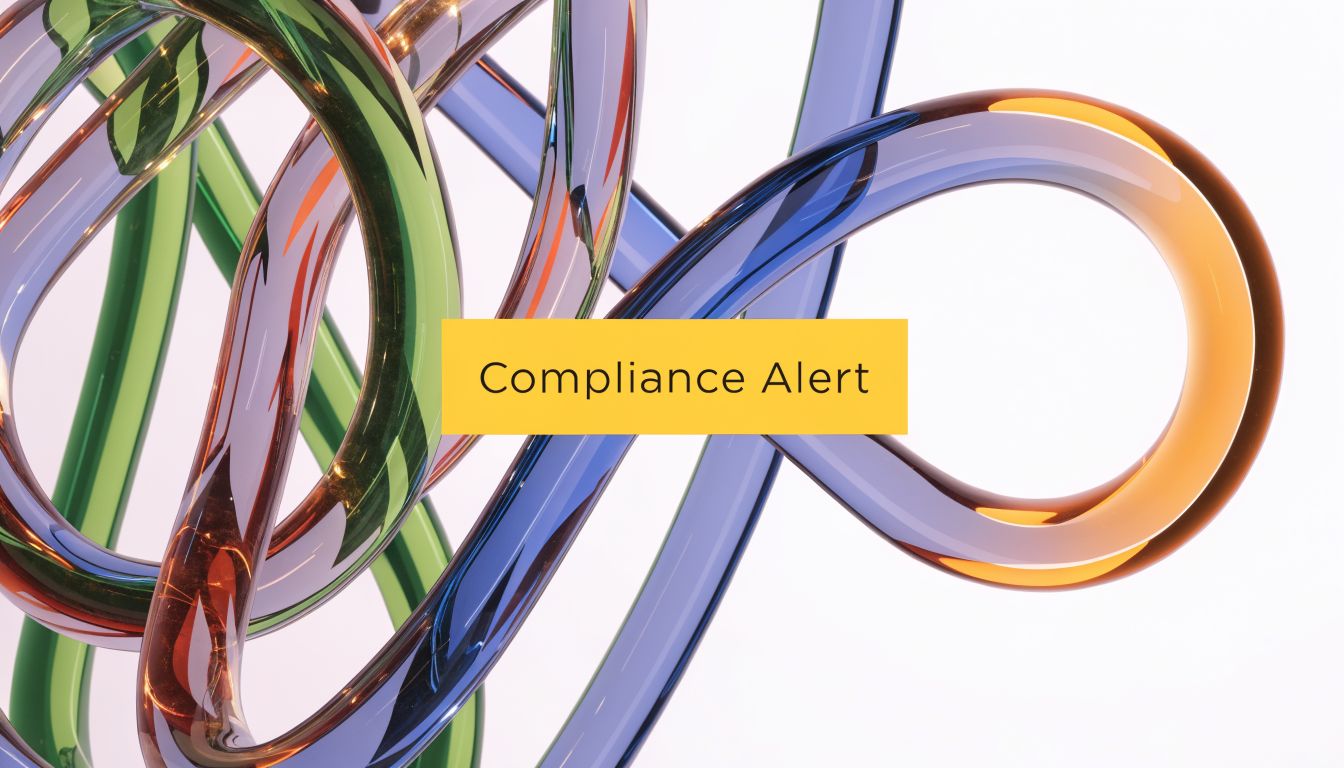 A yellow rectangular box with the text Compliance Alert overlaid on a background of abstract colorful glass tubes.
