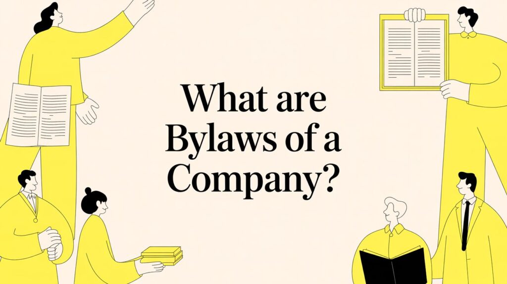 Illustration of several people in yellow outfits around a beige background, with the central question, What are Bylaws of a Company? in bold text at the center.