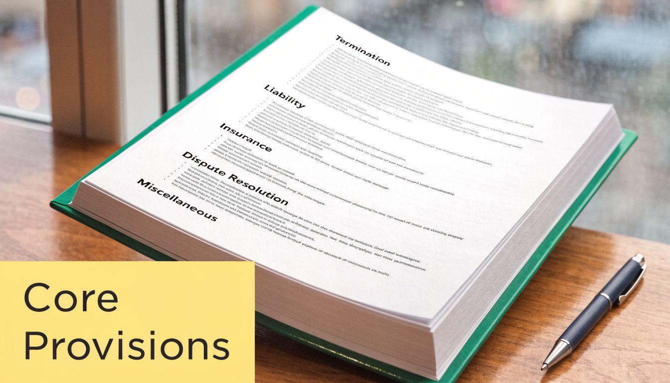 A document titled Core Provisions sits in an open binder next to a pen on a wooden table.