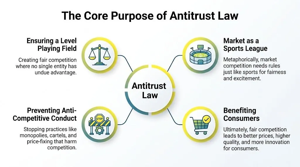 A diagram illustrating the core purposes of antitrust law, including fair competition, consumer benefits, and preventing monopolies.
