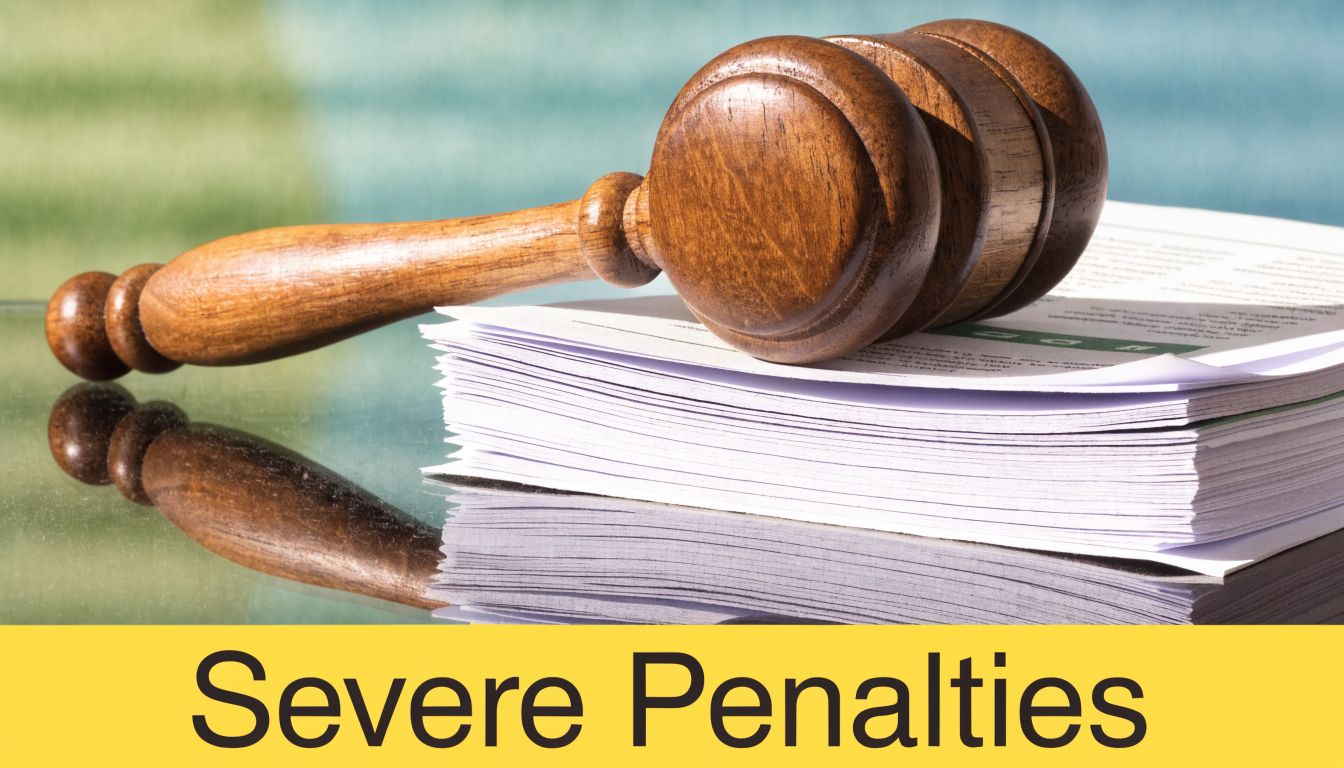 A wooden judge's gavel rests on a stack of legal documents with the words Severe Penalties below.