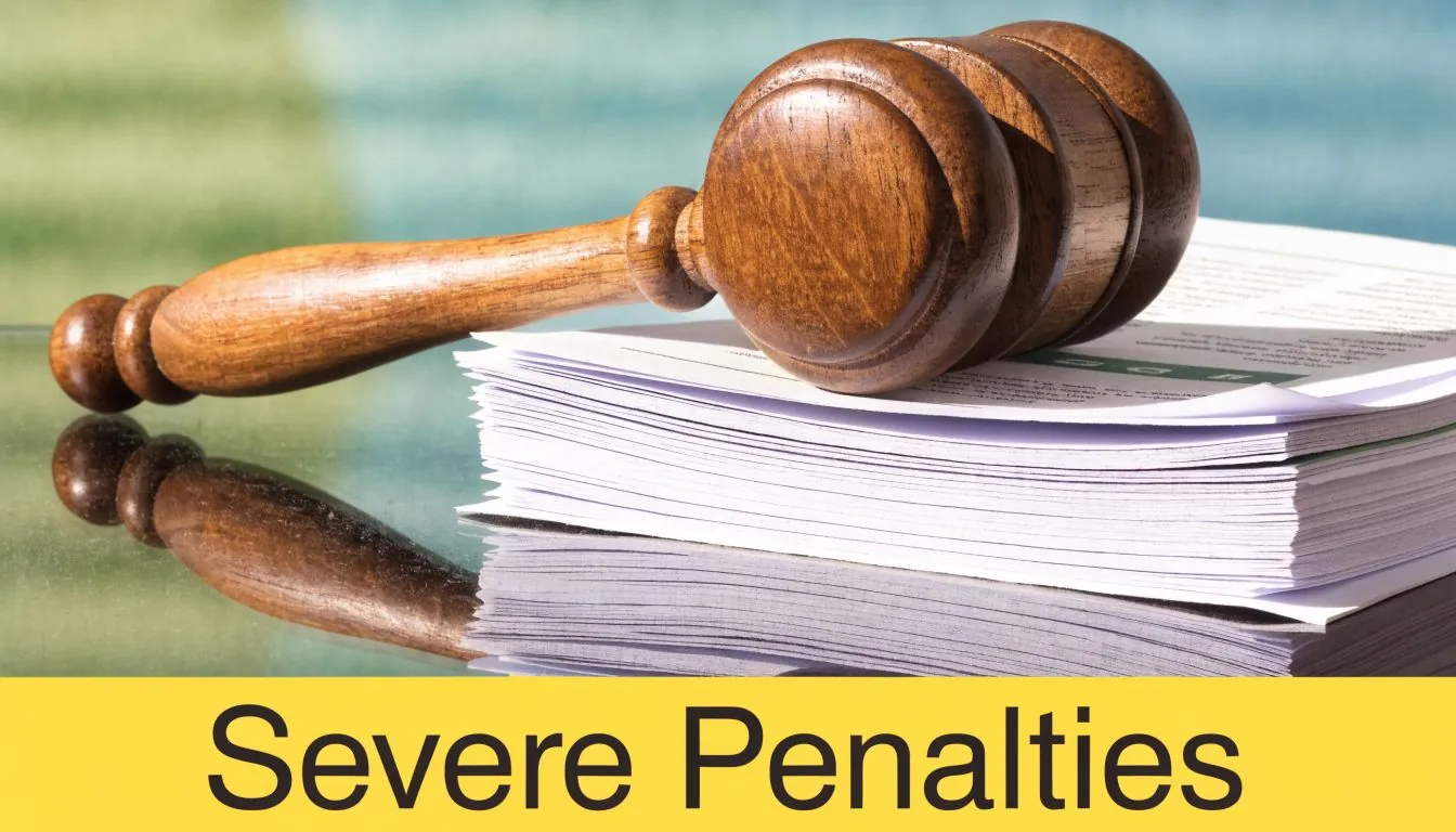 A wooden judge's gavel rests on a stack of legal documents with the words Severe Penalties below.