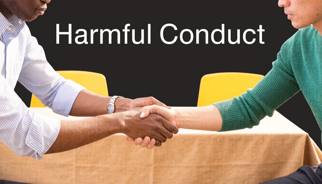 Two people shaking hands across a table with the text Harmful Conduct displayed above them.