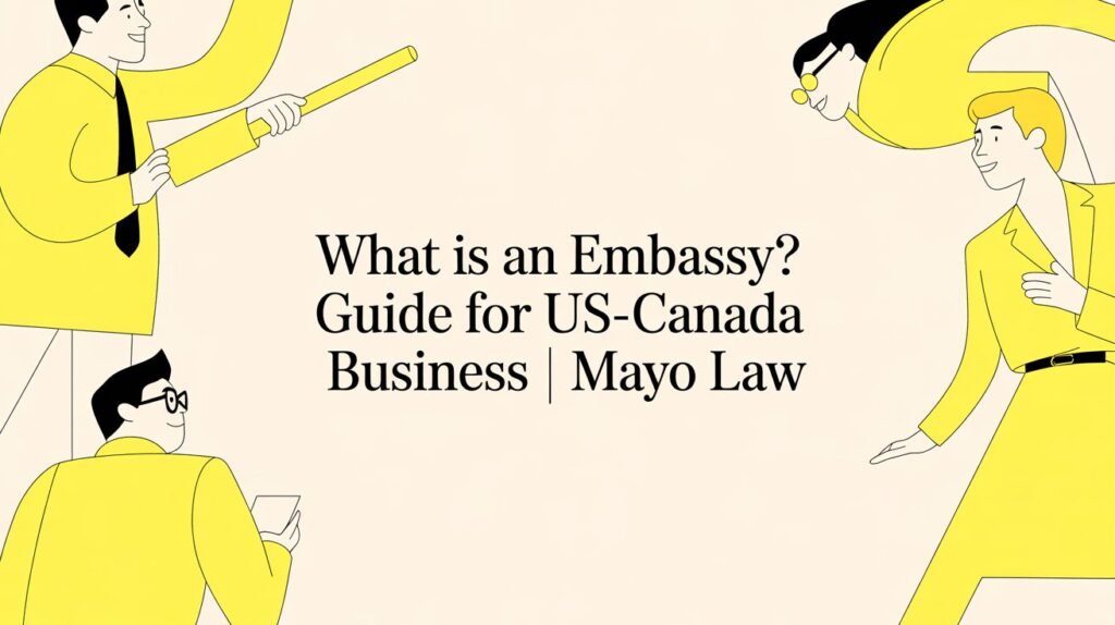 Illustrated banner for Mayo Law’s guide: What is an Embassy? Guide for US-Canada Business.
