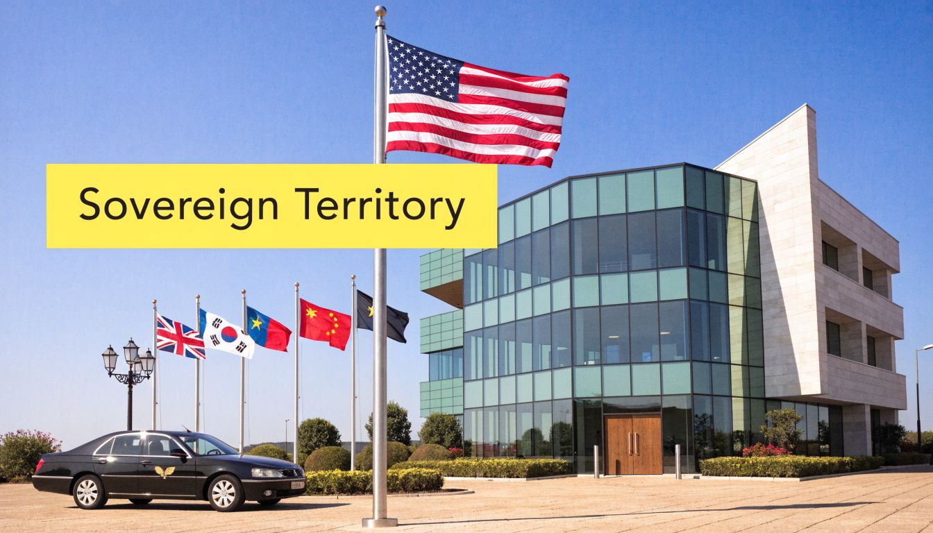A black embassy car parked in front of a modern building with many international flags flying high.