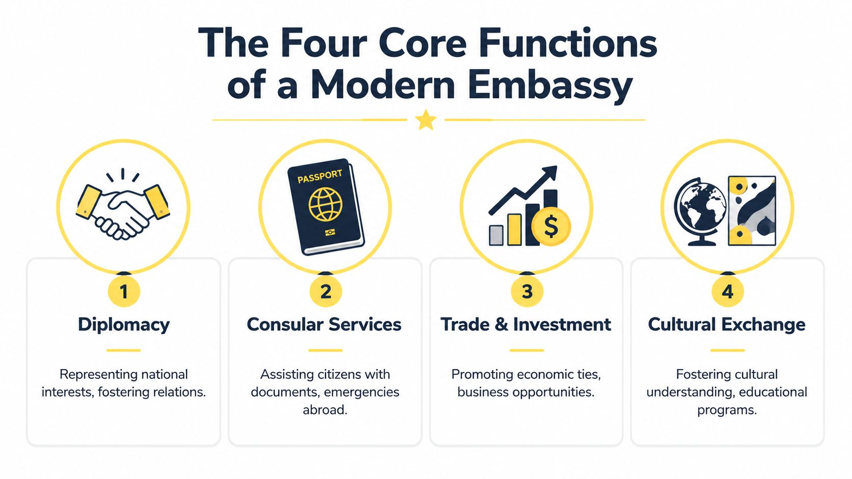 An infographic titled The Four Core Functions of a Modern Embassy, outlining diplomacy, consular services, trade, and culture.