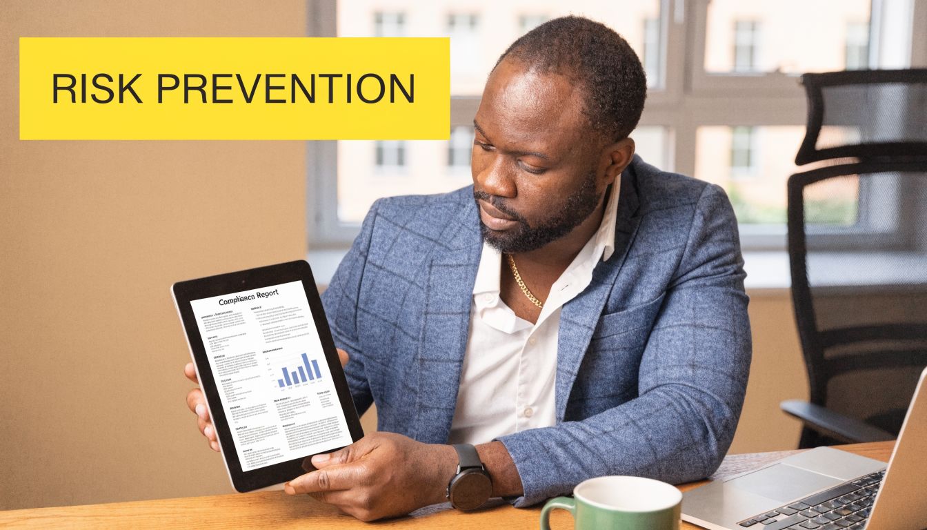 A professional man holding a tablet showing a compliance report in an office setting.
