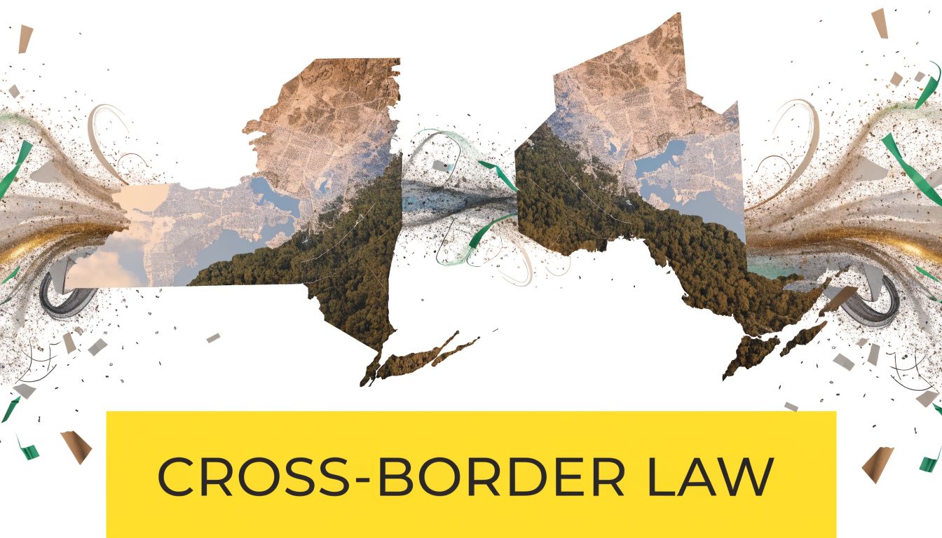 An abstract graphic featuring split landmasses representing geographic borders with text reading Cross-Border Law below.