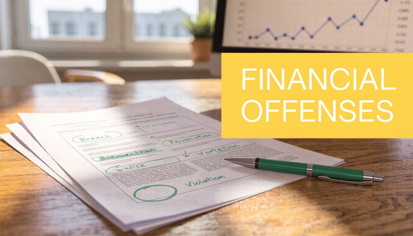 A green pen on a desk with papers featuring handwritten notes about financial offenses and a background chart.