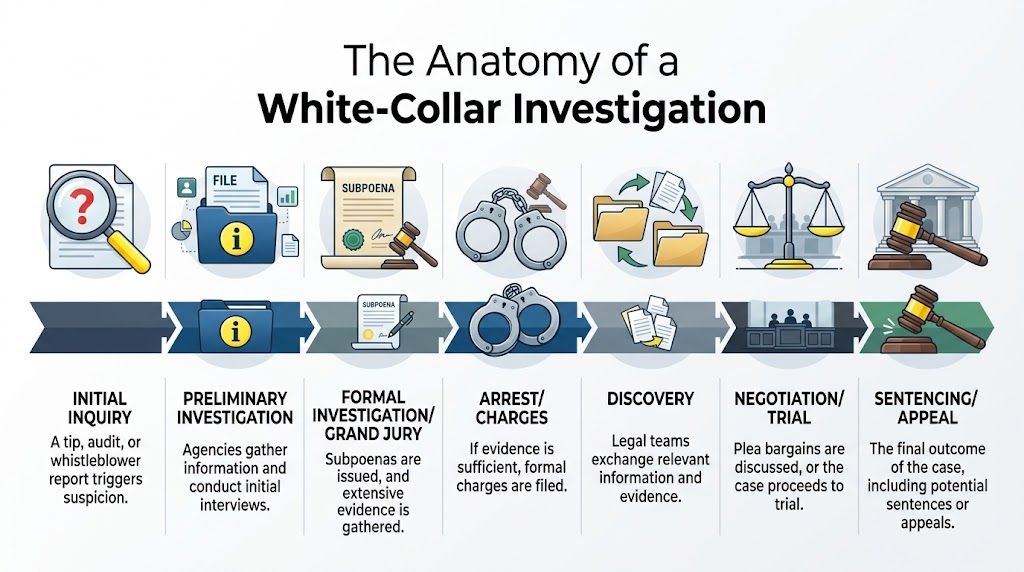 A flowchart infographic titled The Anatomy of a White-Collar Investigation showing the seven stages of legal proceedings.