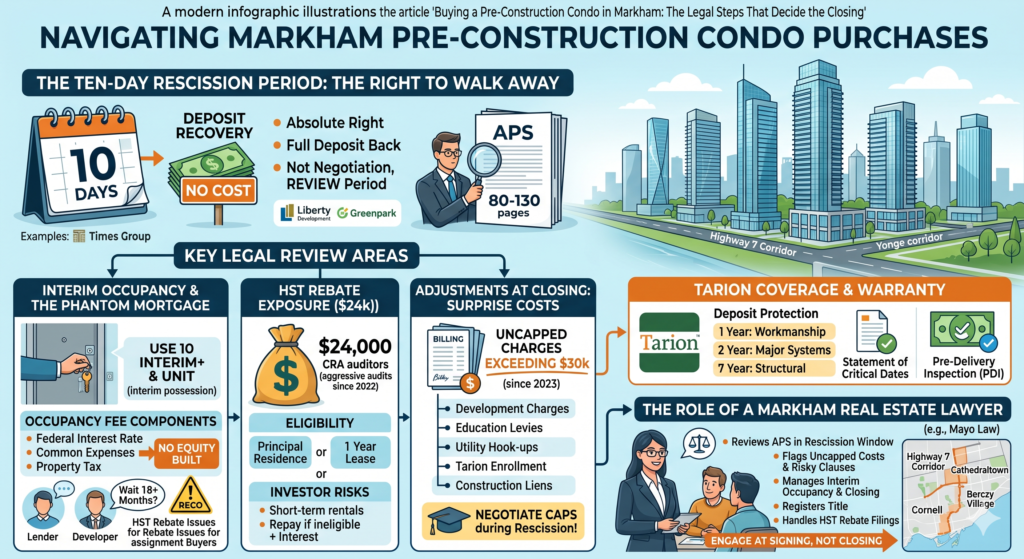 Informational infographic about buying pre-construction condos in Markham, with a city skyline, calendar, and sections on deposits, review areas, and warranties.