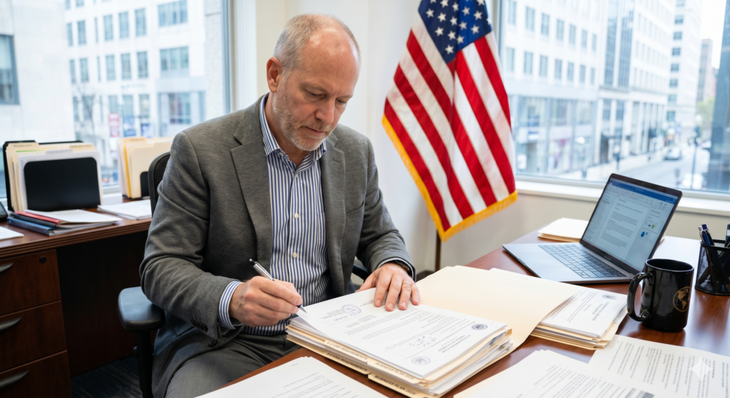 Entrepreneur reviewing E-2 visa requirements documentation in 2026