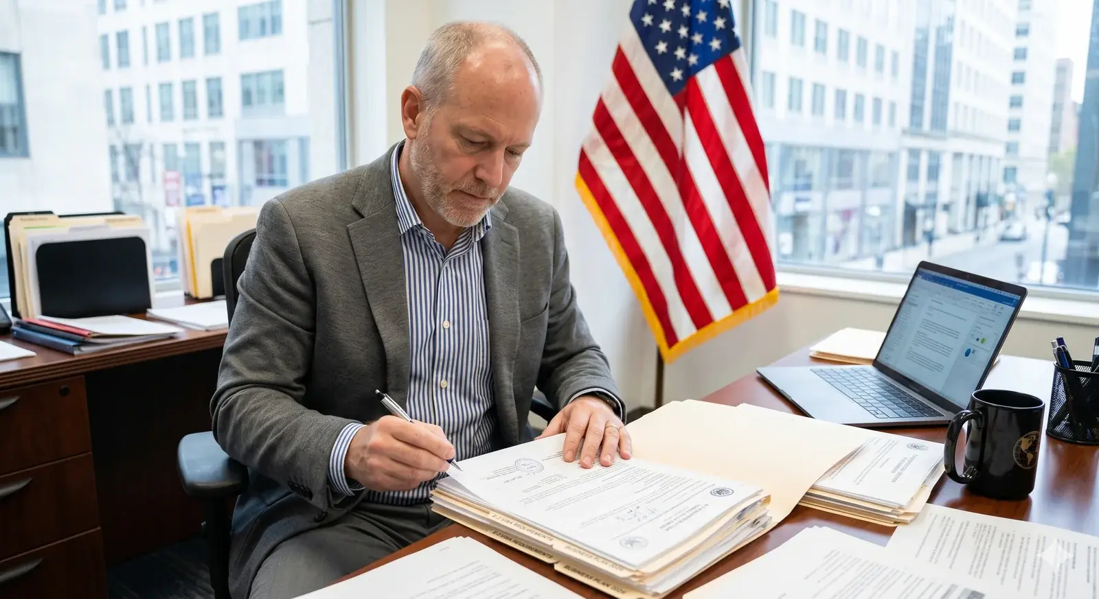 Entrepreneur reviewing E-2 visa requirements documentation in 2026
