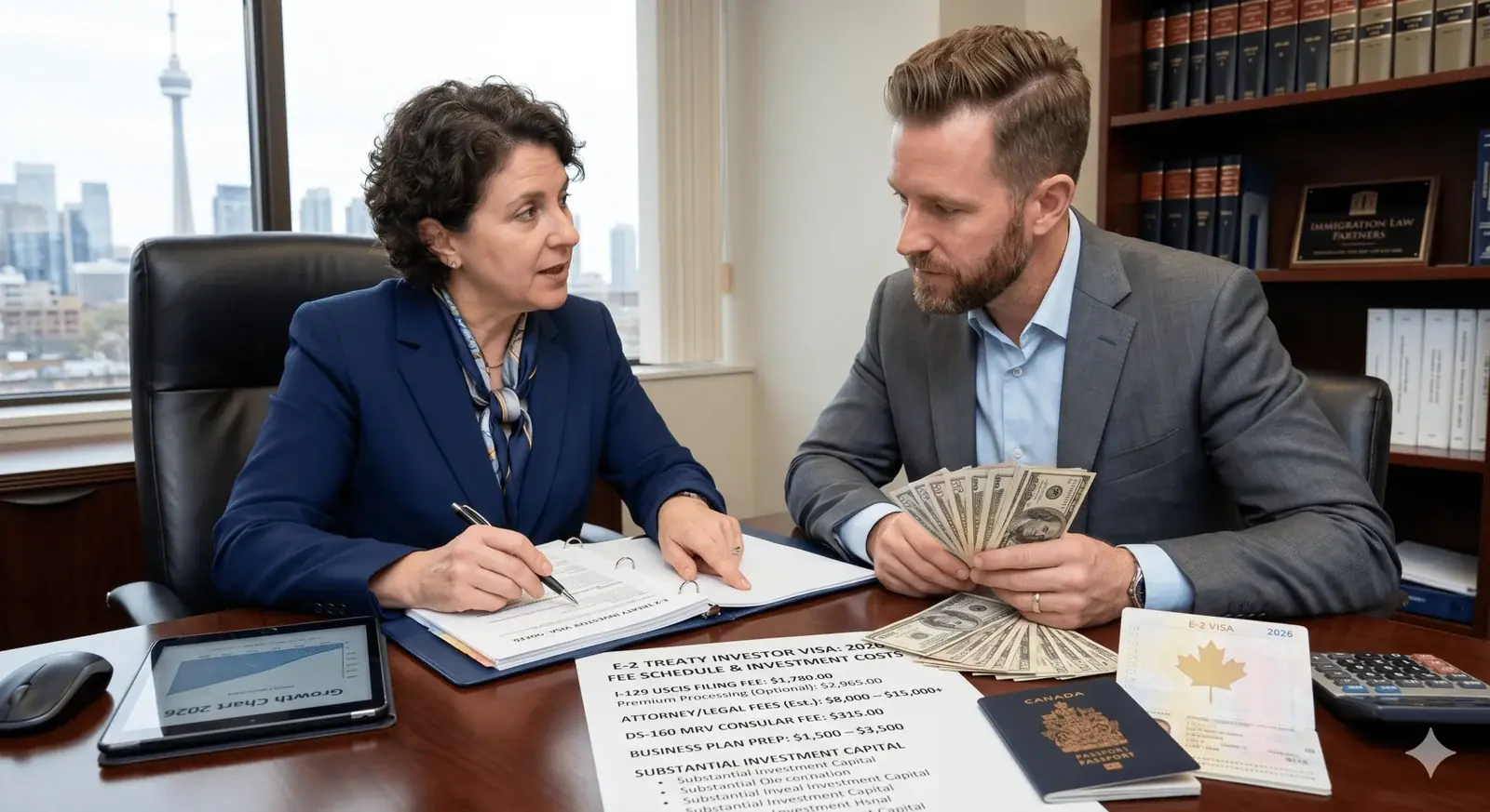 E-2 visa attorney consulting investor on 2026 fee structure