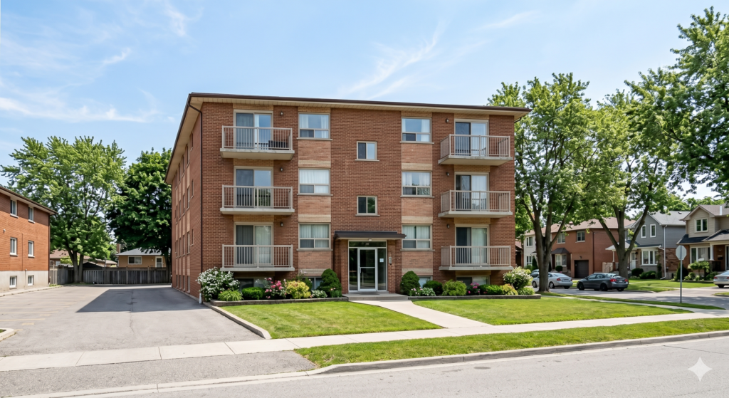 This image depicts a quintessential low-rise Scarborough apartment building