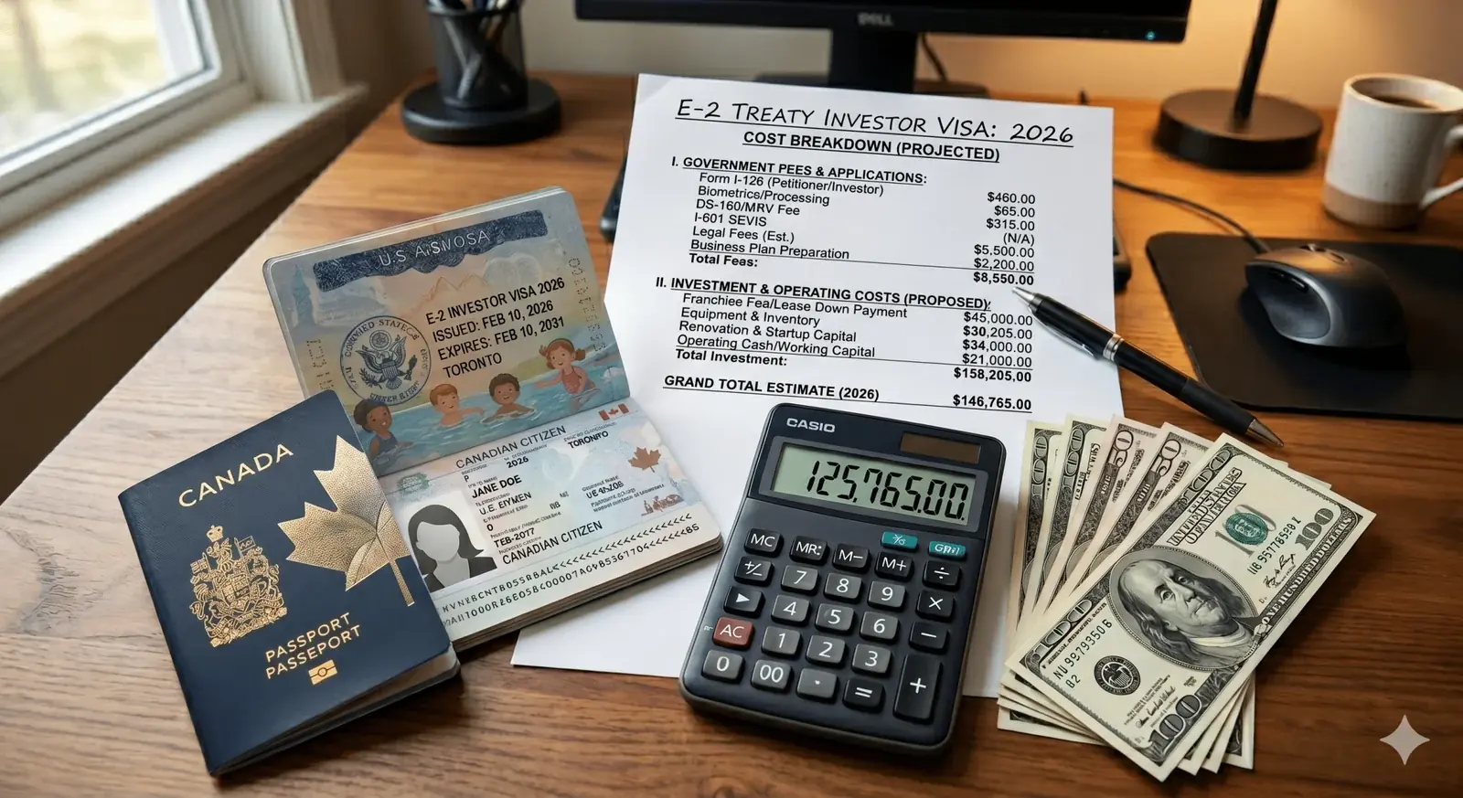E-2 visa cost breakdown showing fees and investment for 2026