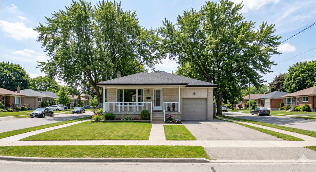 Single-story brick house with a front porch and attached garage on a sunny suburban street under tall green trees.
