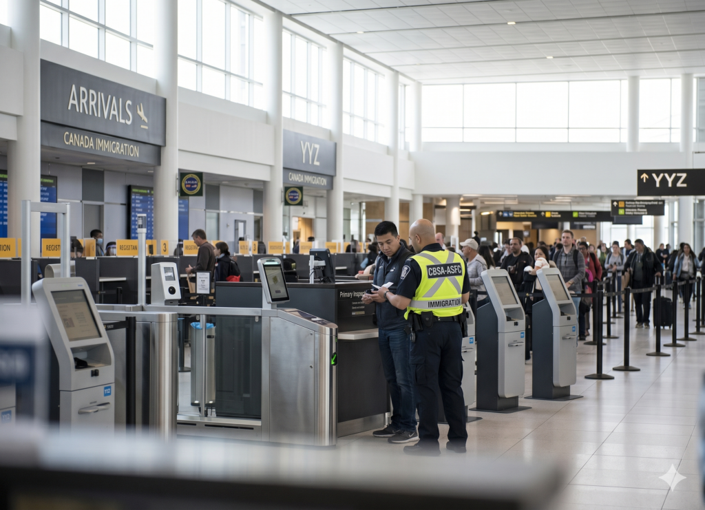A border agent is depicted at Toronto Pearson International Airport