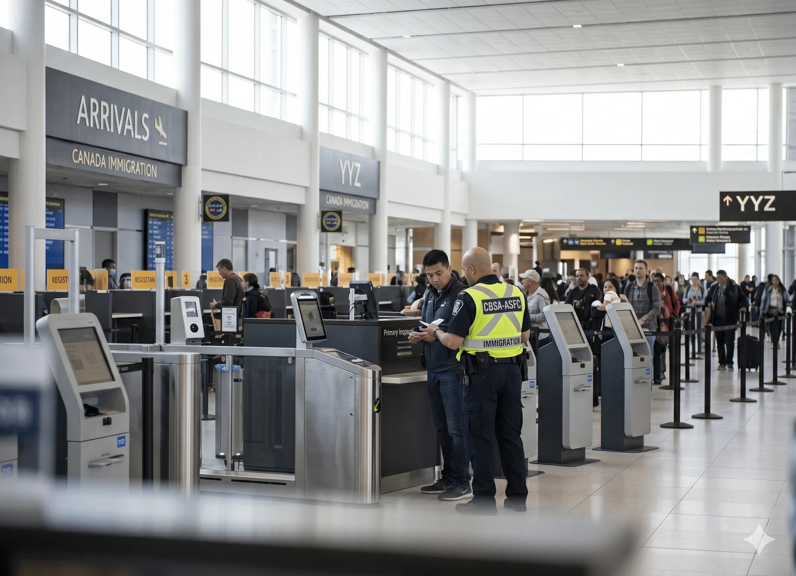 A border agent is depicted at Toronto Pearson International Airport