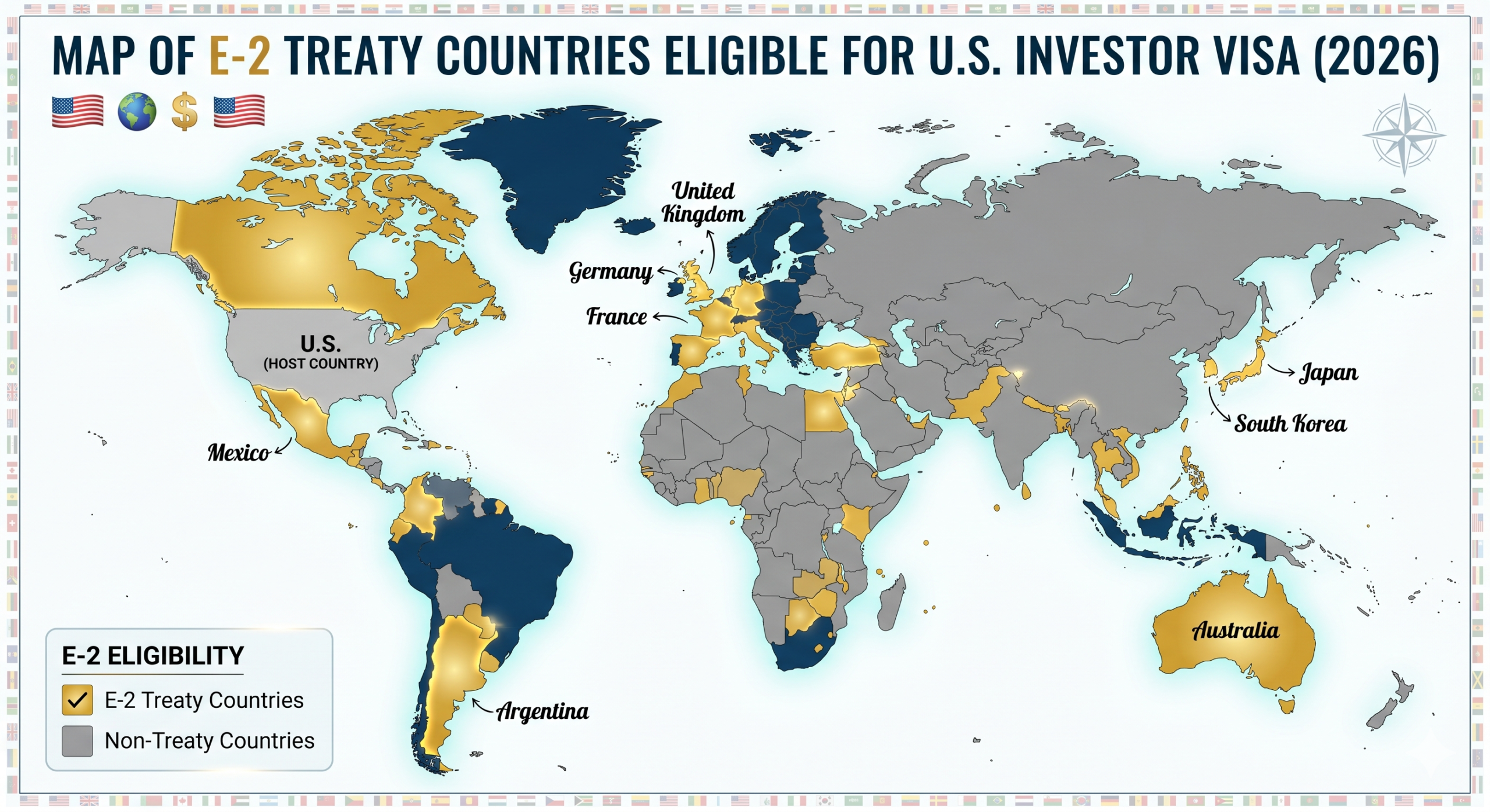 Map of E-2 treaty countries eligible for U.S. investor visa 2026