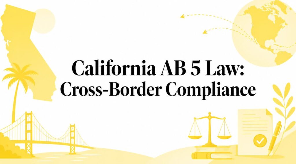 ab-5-law-compliance-illustration - Mayo Law California AB 5 Law: Cross-Border Compliance — yellow infographic icons include California outline, globe, bridge, scales, and documents.