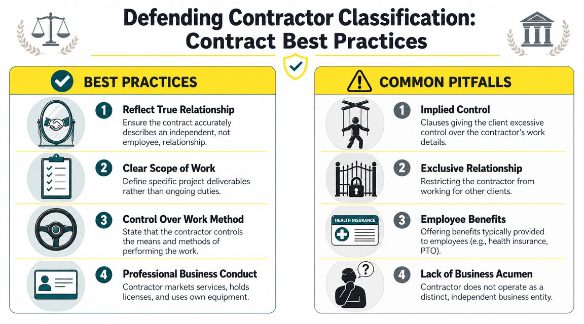 An infographic detailing best practices and common pitfalls to consider when defining an independent contractor relationship.