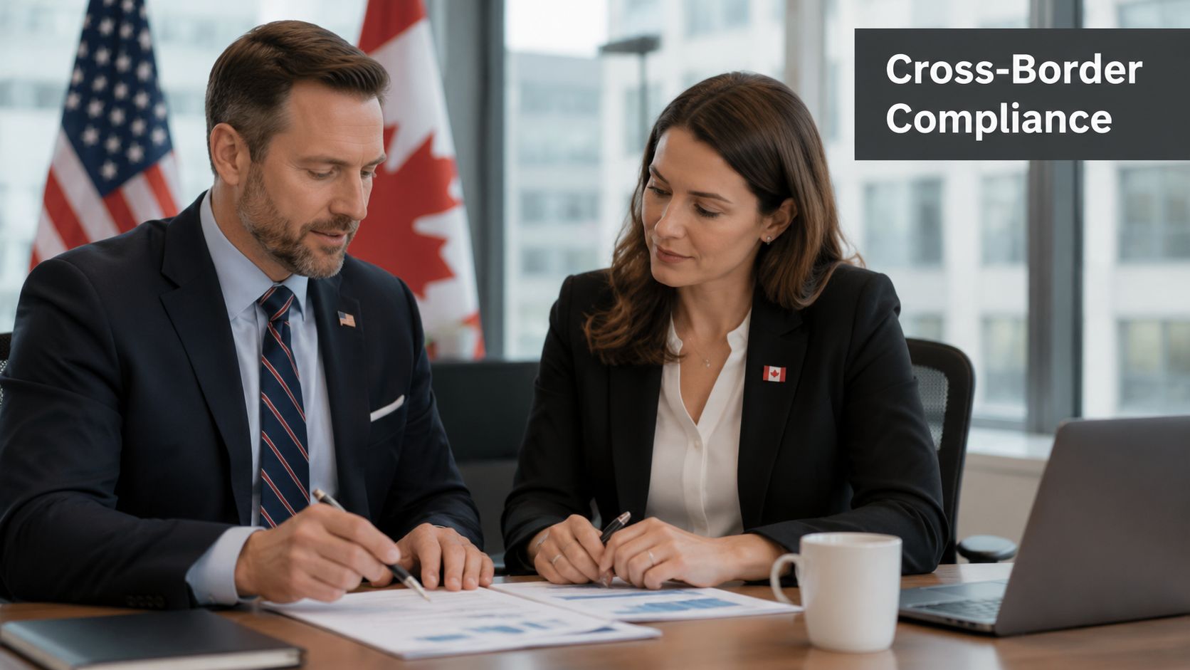 A professional man and woman review documents together in an office with Canadian and American flags.