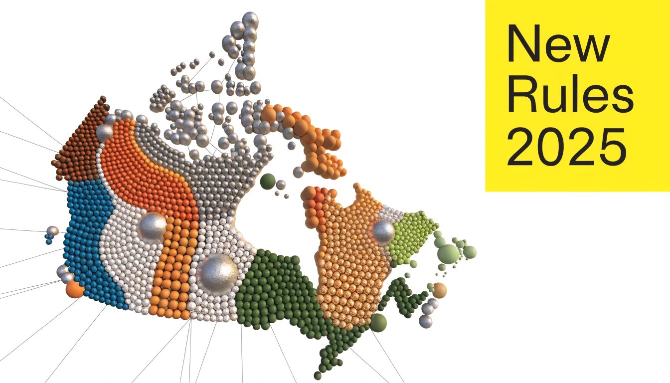 A 3D visualization of the Canadian map made of colorful spheres next to yellow text, New Rules 2025.