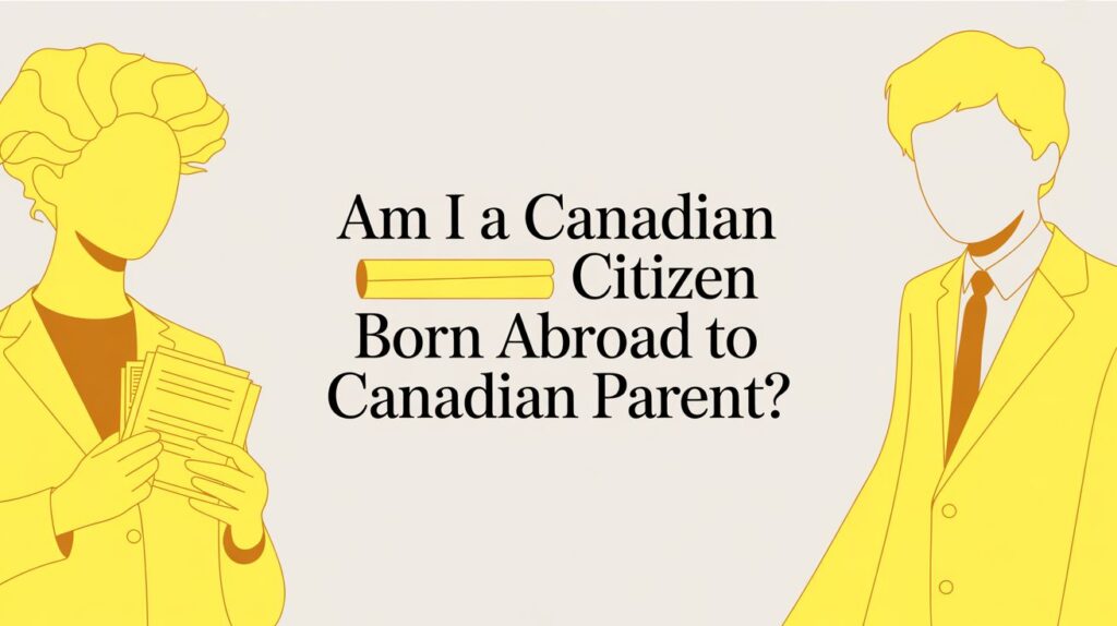 Illustration of two yellow silhouettes in business attire flanking a question about Canadian citizenship for those born abroad to a Canadian parent.