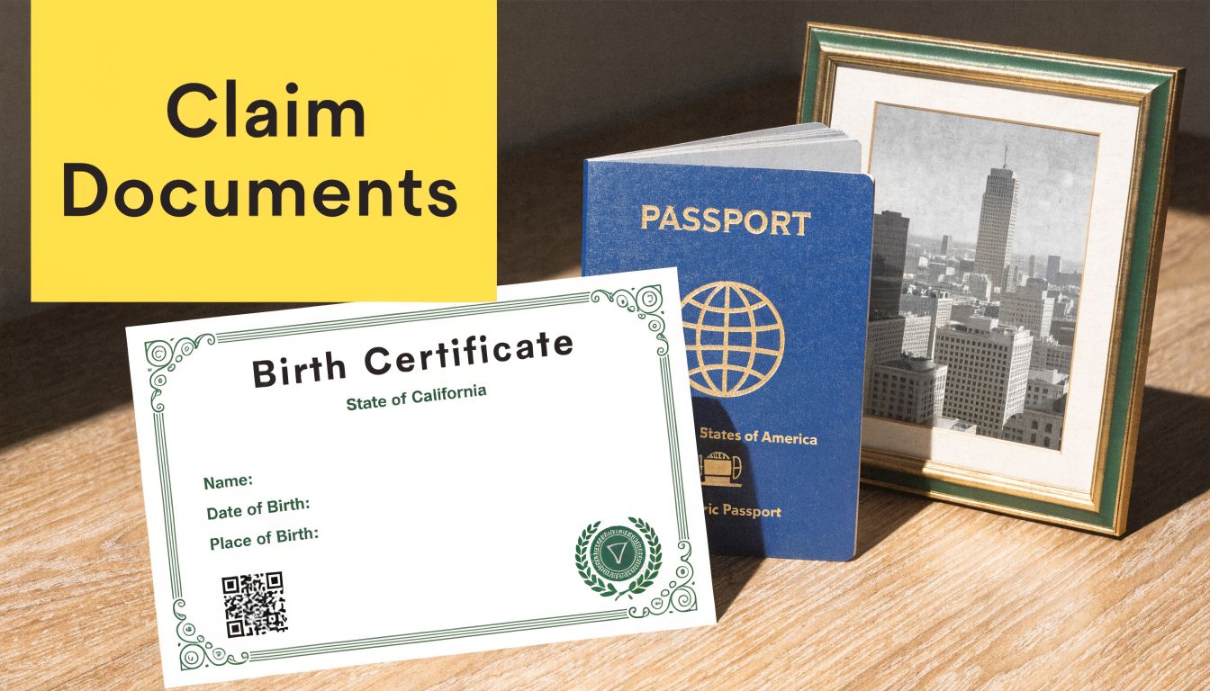 A birth certificate from California and a US passport sitting on a wooden desk next to a picture frame.