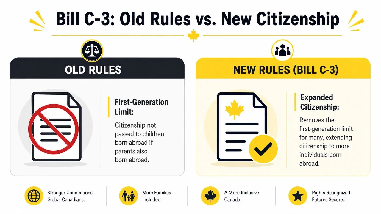An infographic illustrating the changes to Canadian citizenship laws under Bill C-3 compared to old rules.