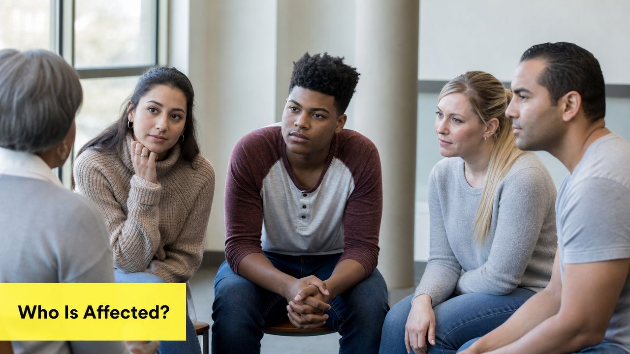 A diverse group of people sitting in a circle listening to a counselor during a therapy session.