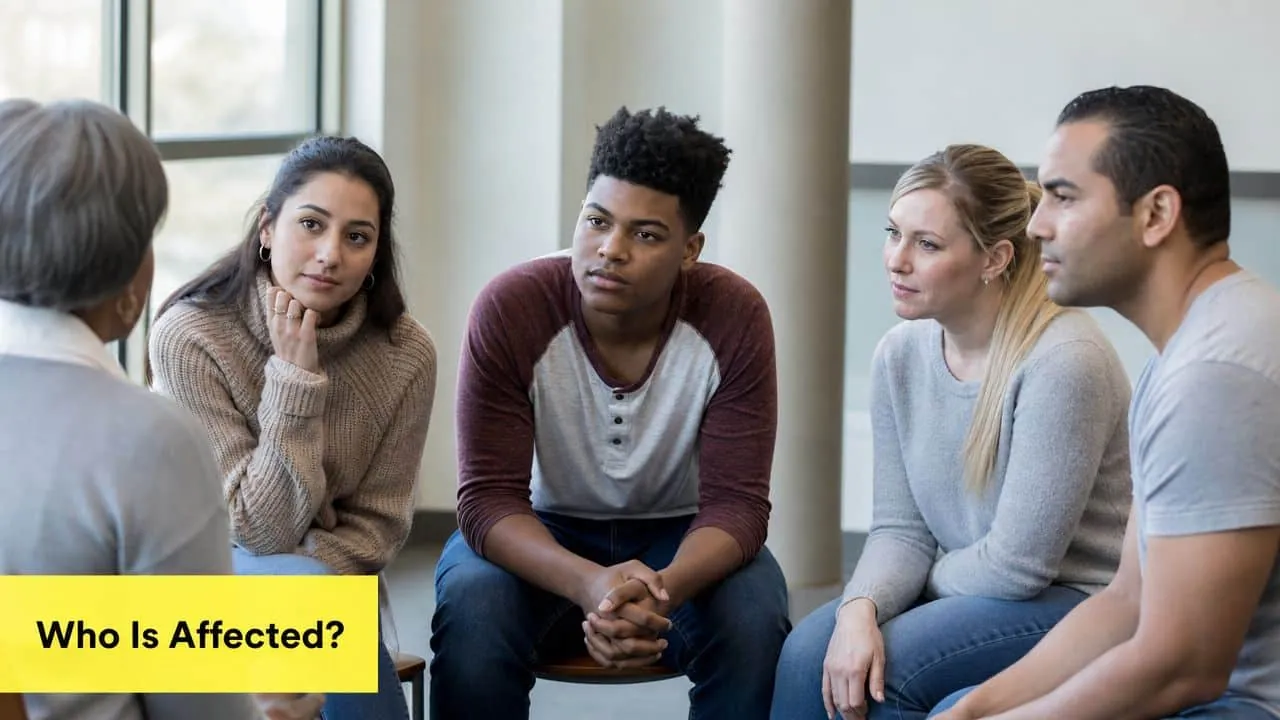 A diverse group of people sitting in a circle listening to a counselor during a therapy session.