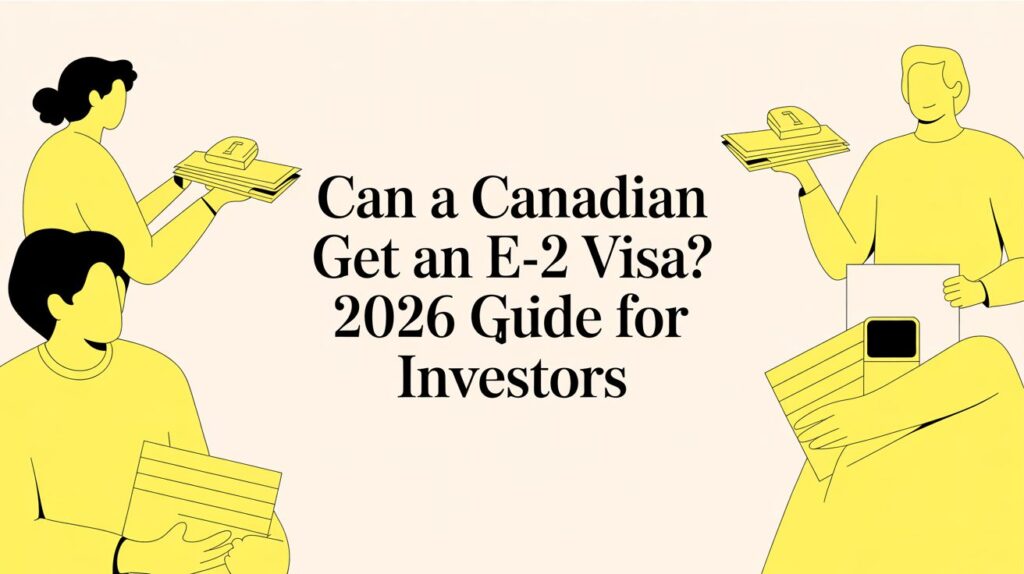 can-a-canadian-get-an-e-2-visa-investor-illustration - Mayo Law Informational illustration with three yellow figures handing papers around a centered heading: 'Can a Canadian Get an E-2 Visa? 2026 Guide for Investors'.