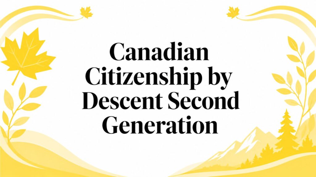 Graphic banner reading 'Canadian Citizenship by Descent Second Generation' with yellow leaves and mountains along the edges
