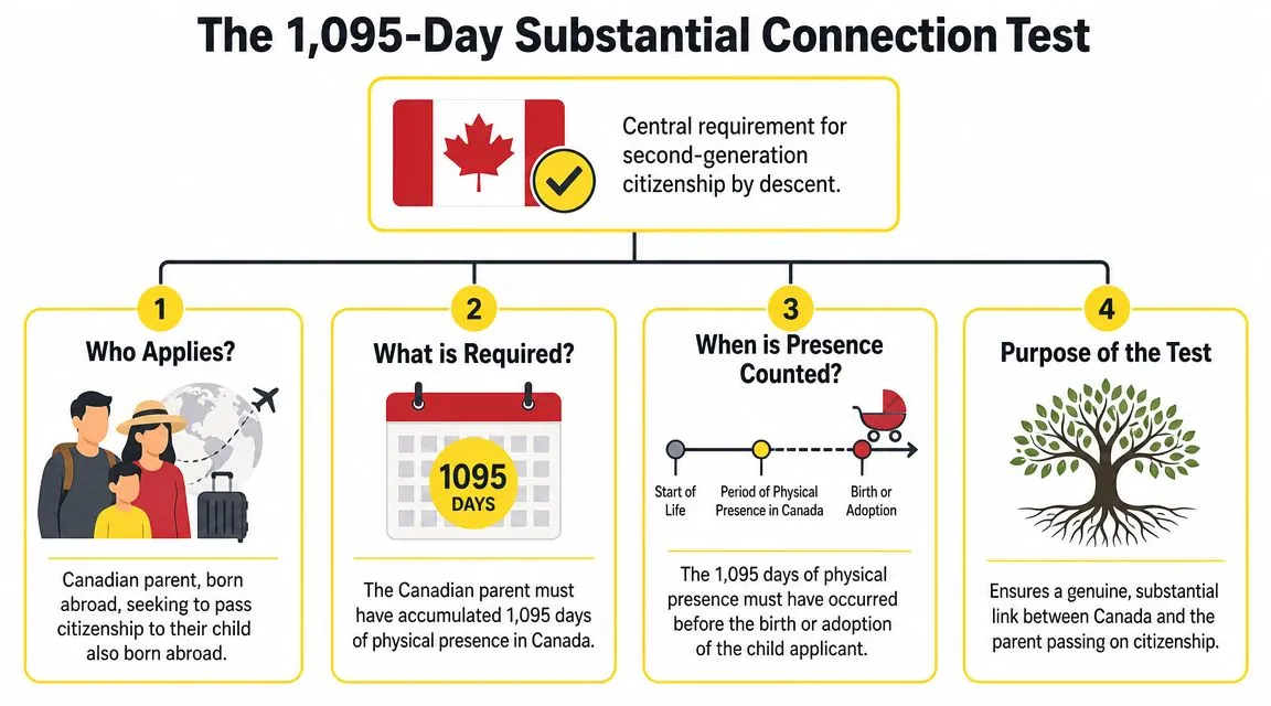 An infographic explaining the 1,095-day substantial connection test for second-generation Canadian citizenship by descent.