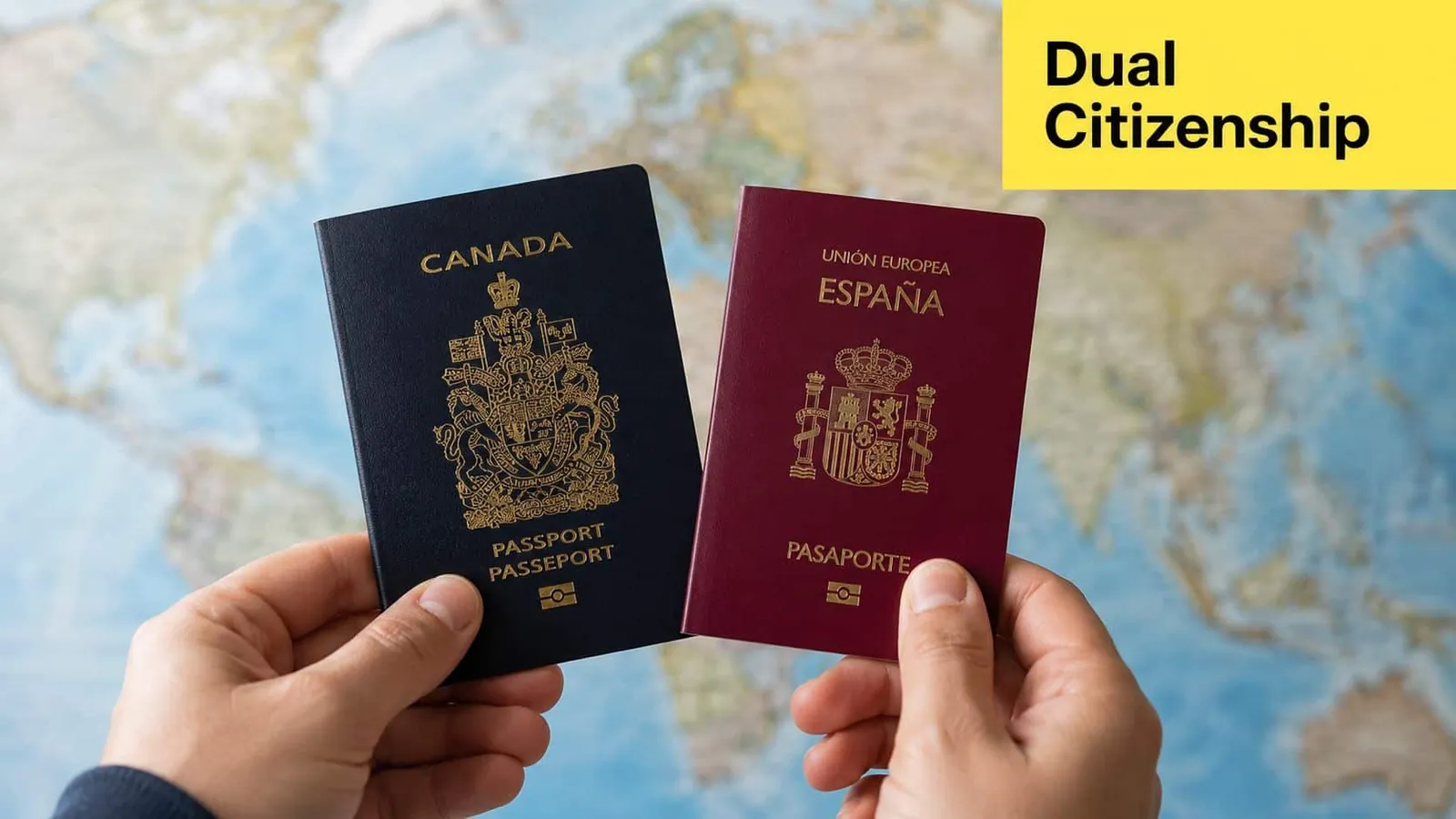 A person holding a Canadian and a Spanish passport in front of a world map background.