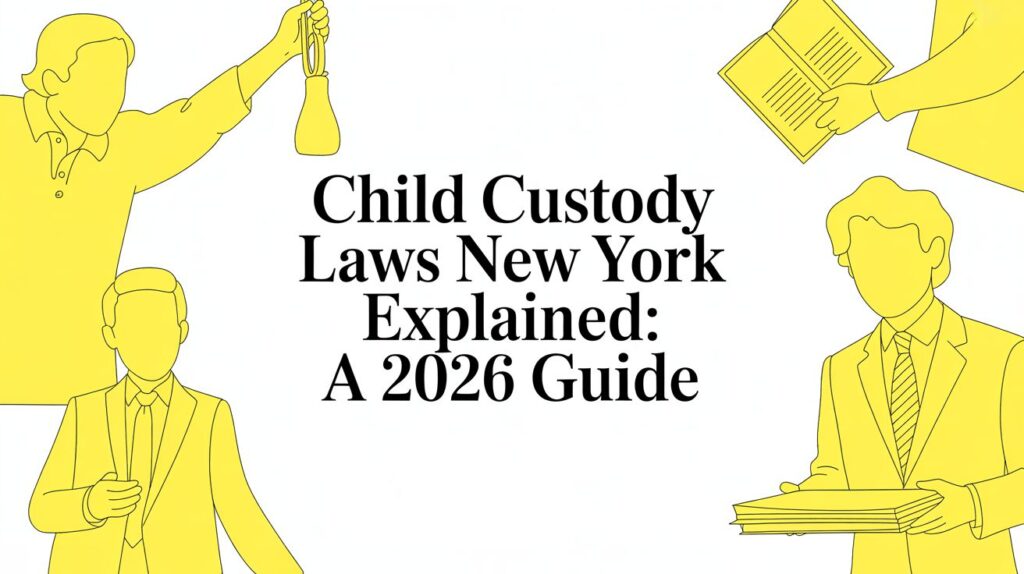 Yellow outline illustration framing the title: 'Child Custody Laws New York Explained: A 2026 Guide' in the center.