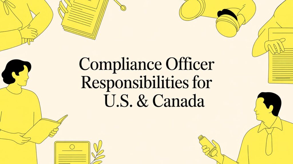Center-aligned title: 'Compliance Officer Responsibilities for U.S. & Canada' with yellow outline figures and office documents around the edges.