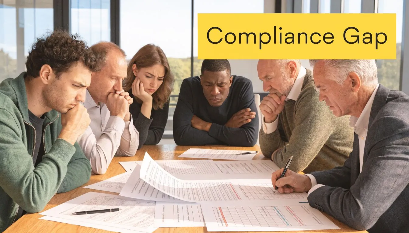 A professional team of people sitting at a table looking concerned while reviewing compliance documents together.