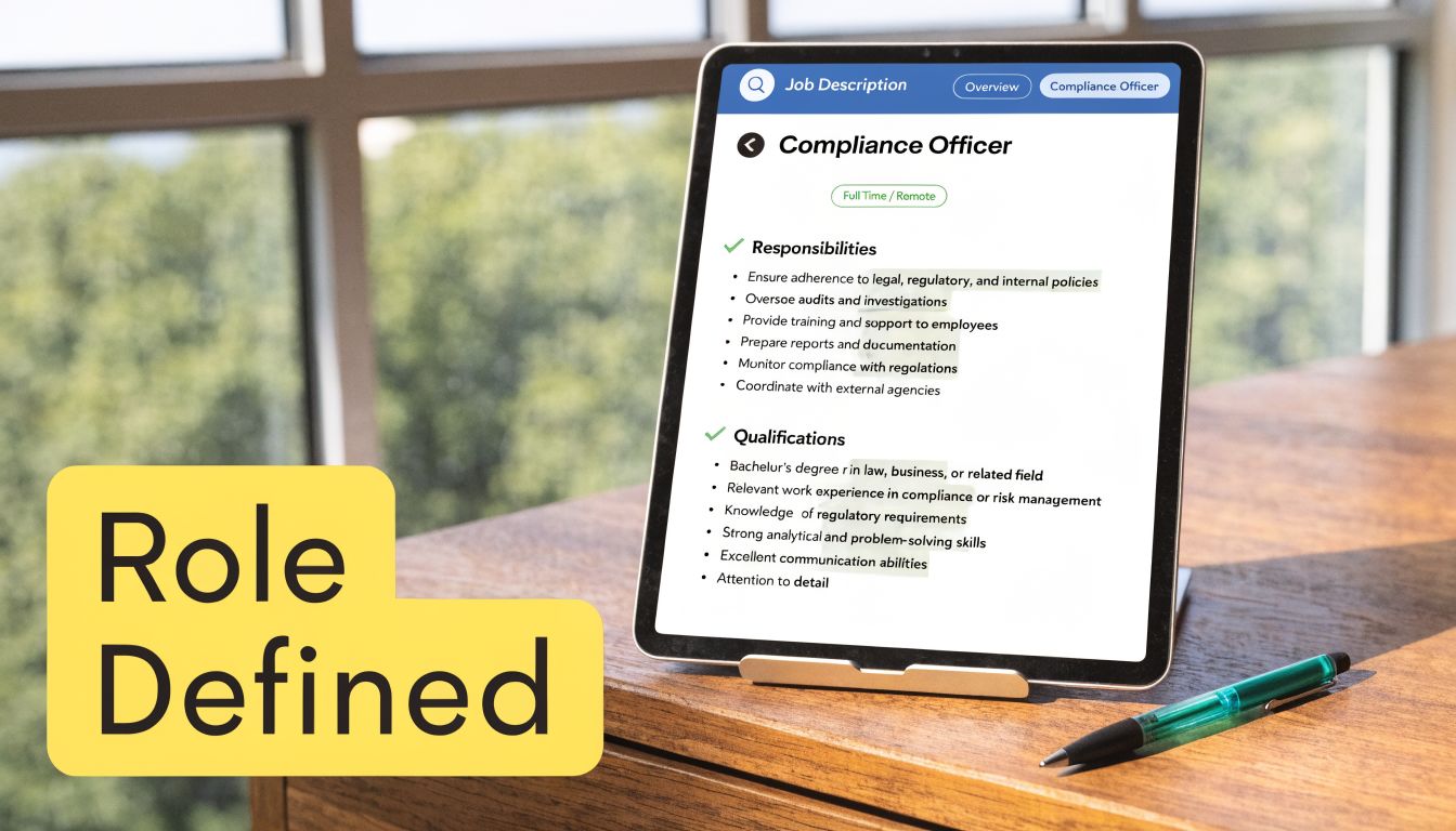 A digital tablet displaying a Compliance Officer job description sits on a wooden desk next to a pen.
